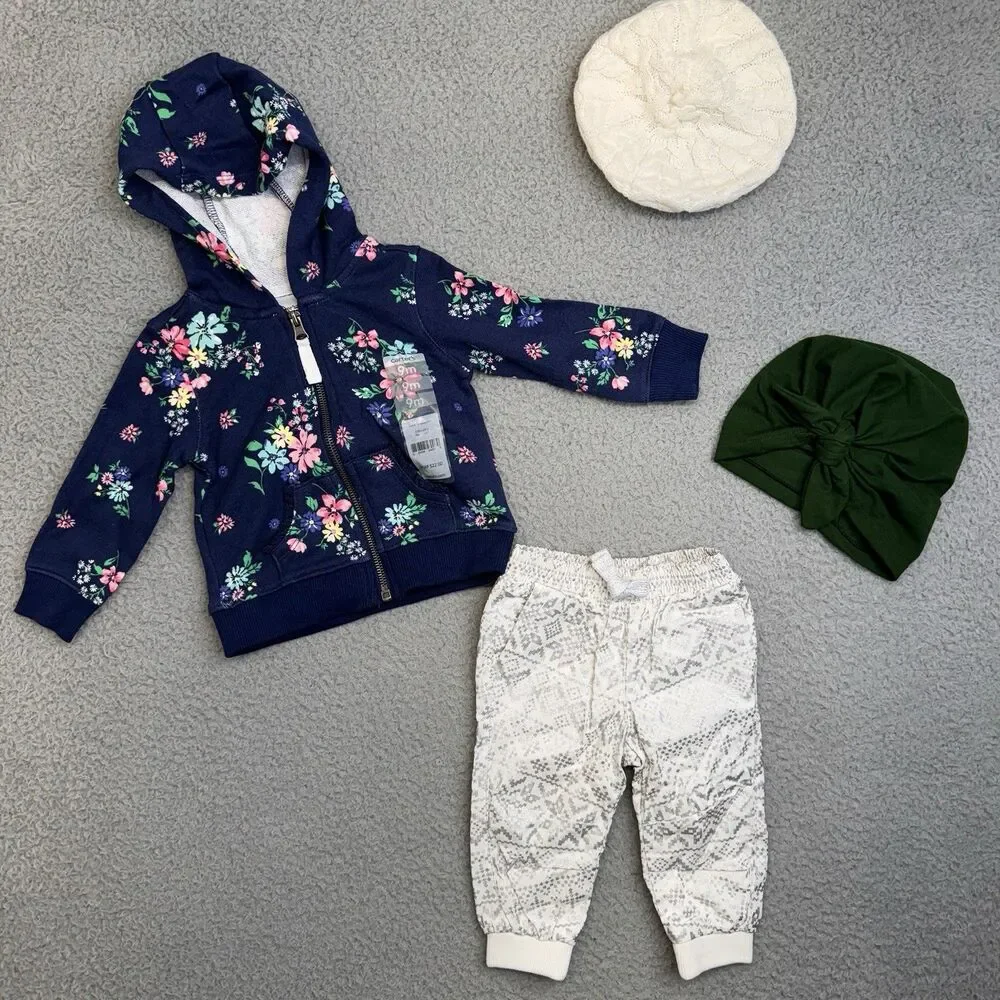 Carters Bundle Baby Girl 9 Months Cat Graphic Outfit Sweater Hats Footed Pajama